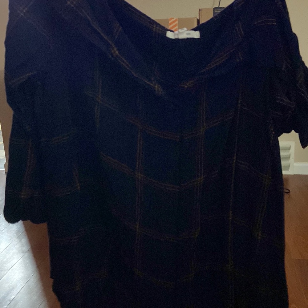 Blue with orange striped shirt with open shoulder long sleeve